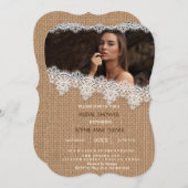 Vintages Burlap Lace Foto Brautparty Einladung (Vorne/Hinten)