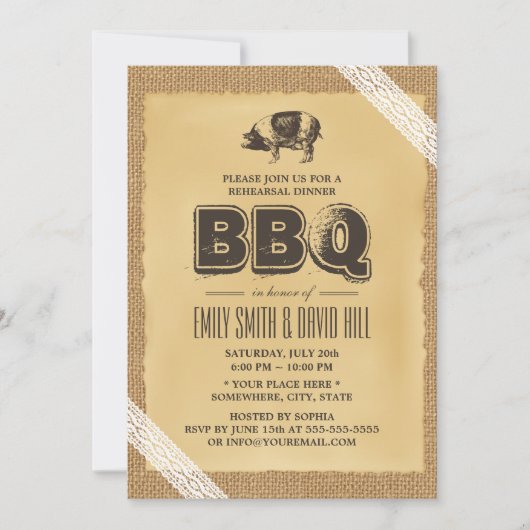 Vintages Burlap & Lace GRILLEN Probe Dinner Einladung (Vorderseite)