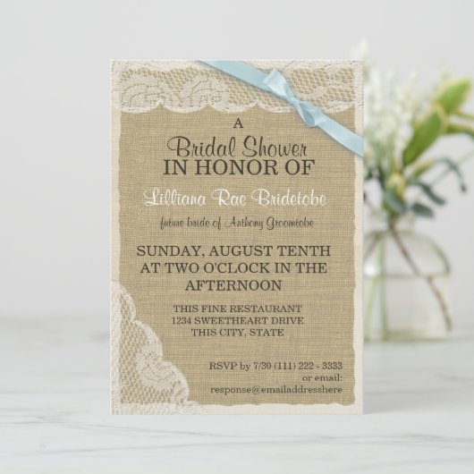 Vintages Burlap- und Lace-Brautparty Einladung (Stehend Vorderseite)