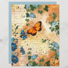 Vintages Butterfly Blue Flowers Scrapbook Paper