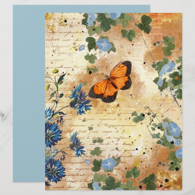 Vintages Butterfly Blue Flowers Scrapbook Paper (Vorne/Hinten)
