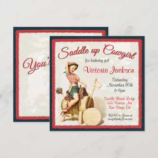 Vintages Button auf Rockabilly Cowgirl Geburtstags Einladung