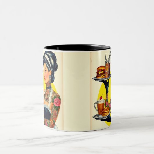 Vintages Button der Kellnerin Zweifarbige Tasse (Mittel)