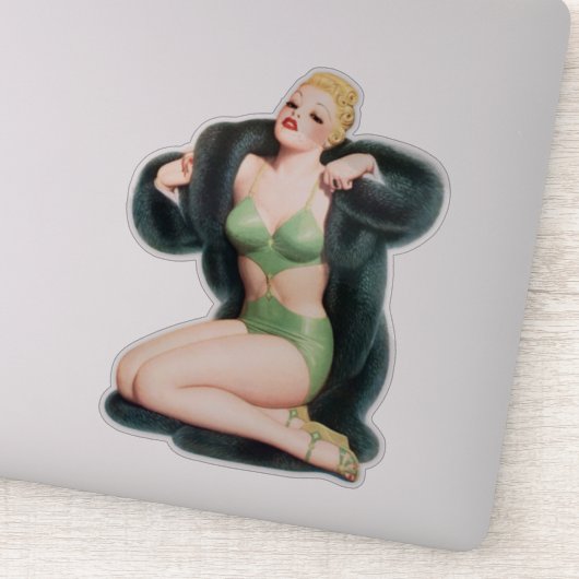 Vintages Button-up Girl mit Pelzmantel Illustratio Aufkleber (Detail)