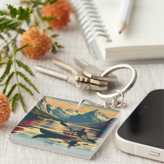 Vintages Camping Scene Man Kayaking Schlüsselanhänger (Vorderseite rechts)