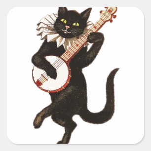 Vintages Cat Playing Banjo Quadratischer Aufkleber