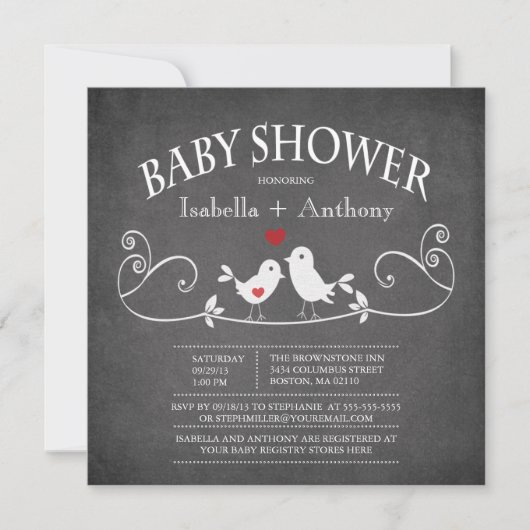 Vintages Chalkboard Love Birds Baby Dusche Einladung (Vorderseite)