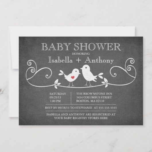 Vintages Chalkboard Love Birds Baby Dusche Einladung (Vorderseite)