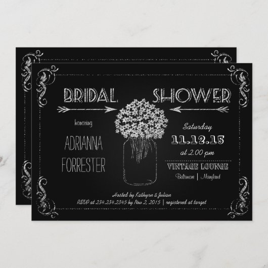 Vintages Chalkboard MasonJar Blume Brautparty Einladung (Vorne/Hinten)