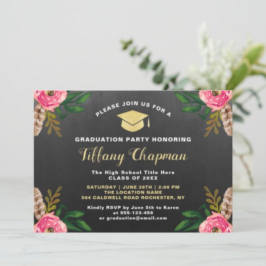 Vintages Chalkboard Moderne Blumenstudium Einladung (Stehend Vorderseite)