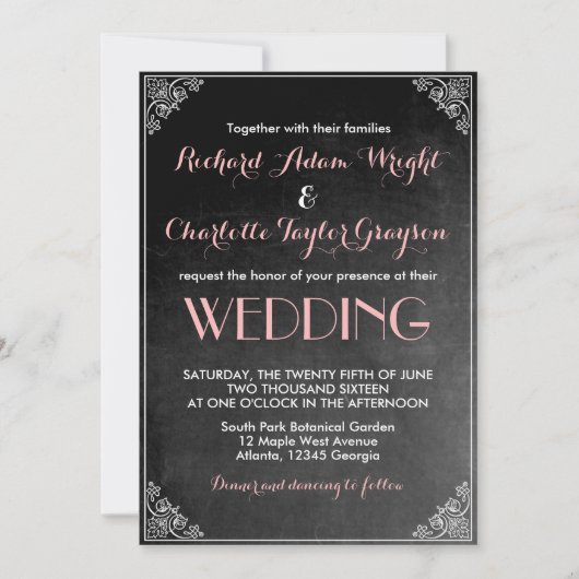 Vintages Chalkboard Pink Gray Wedding Einladung (Vorderseite)