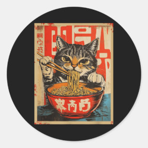 Vintages Chat Eating Ramen Noodles Japanische Kuns Runder Aufkleber