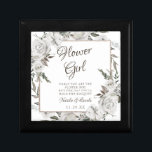 Vintages Cherish Flower Girl Zitat Personalisiert Erinnerungskiste<br><div class="desc">Vintage Cherish White Floral & Rose Gold lackierte Rose und Blume. Vintag klassisches und elegantes Aussehen, viel Grau, Elfenbeinweiß, Rose Gold, Dusty Pink, Pine Green, Gray Blätter und Blattwerk. Mit handgemalten Blütenelementen, Vintagen Schriftart für klassische Schrift und eleganten Rose Gold Glitzer Foil Geometric Square Frame auf einem Holzkohle, dunkelgrau, bearbeitbar...</div>