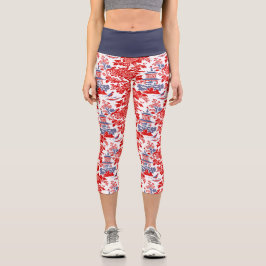 Vintages Chinoiserie Delft Französisch Rot Blau Capri Leggings