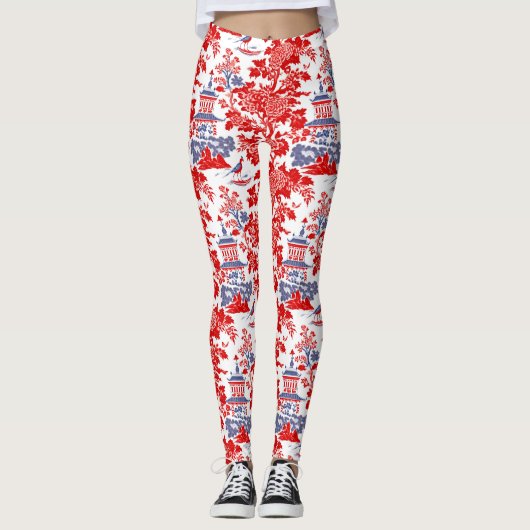 Vintages Chinoiserie Delft Französisch Rot Blau Leggings (Vorderseite)