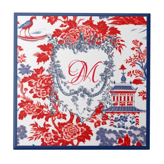 Vintages Chinoiserie Delft Französisch Rotes Blau Fliese (Vorderseite)