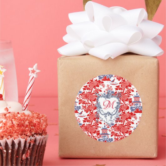 Vintages Chinoiserie Delft Französisch Rotes Blau  Runder Aufkleber (Party)