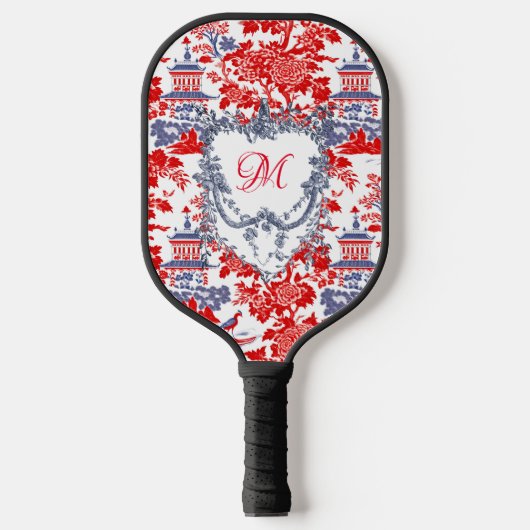 Vintages Chinoiserie Delft French Blue Monogramm Pickleball Schläger (Vorderseite)