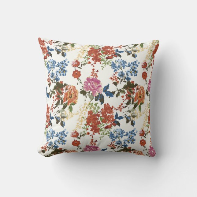 Vintages Chintz-Blumenmuster-rote blaue rosa Blume Kissen (Vorderseite)