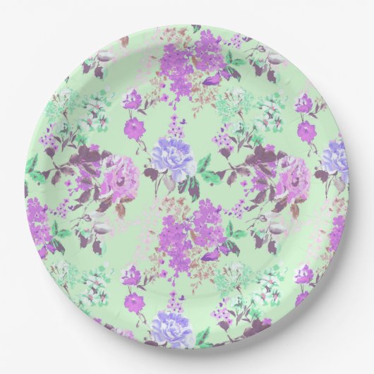 Vintages Chintz Floral Muster Minze Green Lila Pappteller (Vorderseite)