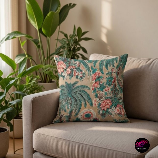 Vintages Chintz Floral Tropical Pattern Kissen (A 1936 tropical chintz throw pillow bringing cozy florals and heritage charm to your space)