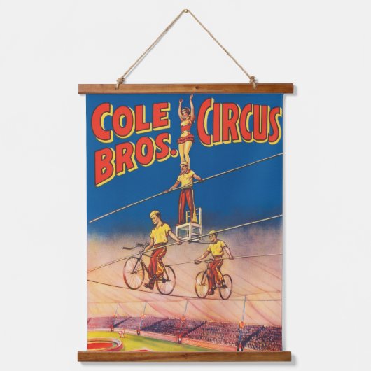 Vintages Circus Poster mit Hochdrahtreakrobaten Wandteppich Mit Holzrahmen (Vorderseite)