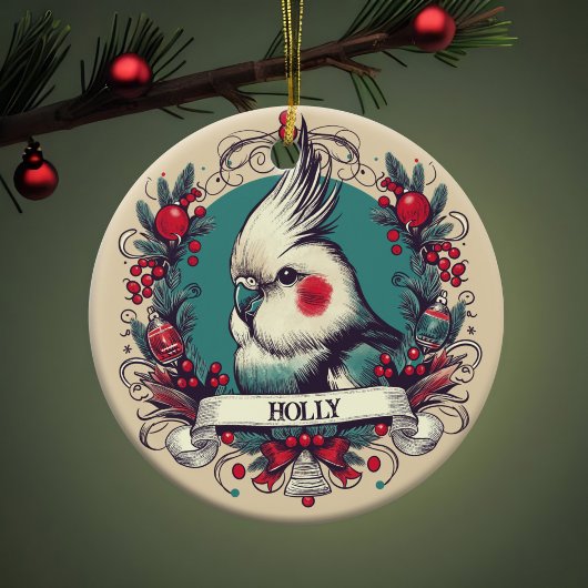 Vintages Cockatiel Weihnachtsbird Portrait Keramik Ornament