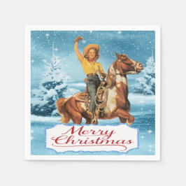 Vintages Cowgirl am Horse Winter Frohe Weihnachten Serviette