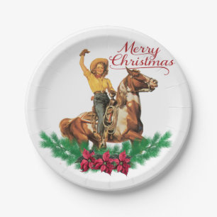 Vintages Cowgirl auf Pferdefrohen Weihnachten Pappteller