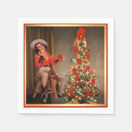 Vintages Cowgirl auf Sattel mit Weihnachtsbaum Serviette