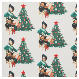 Vintages Cowgirl auf Stuhl mit Weihnachtsbaum Stoff