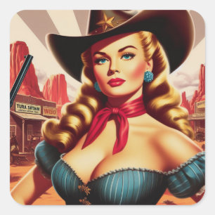 Vintages Cowgirl-Button Quadratischer Aufkleber