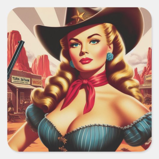 Vintages Cowgirl-Button Quadratischer Aufkleber (Vorderseite)