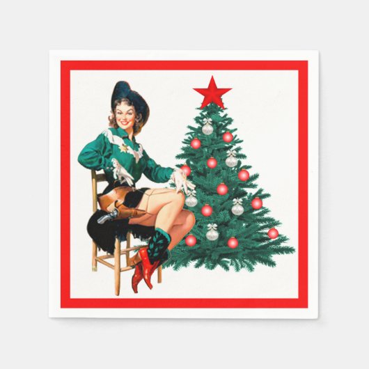 Vintages Cowgirl mit Christbaum auf Weiß Serviette (Vorderseite)