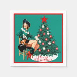 Vintages Cowgirl mit Christbaum Merry Christma Serviette