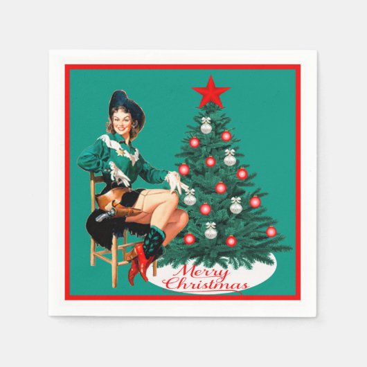 Vintages Cowgirl mit Christbaum Merry Christma Serviette (Vorderseite)