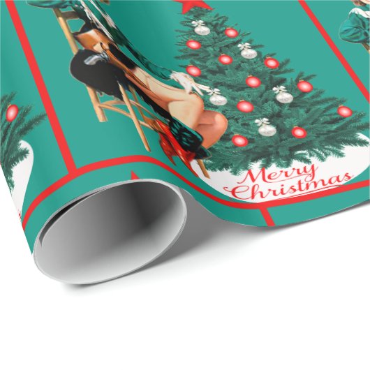 Vintages Cowgirl mit Weihnachtsbaum fröhliches Geschenkpapier (Rolleneckpunkt)