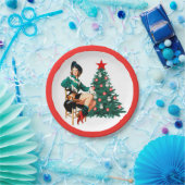 Vintages Cowgirl mit Weihnachtsbaum-Roter Grenze Pappteller (Party)