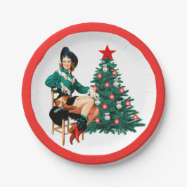 Vintages Cowgirl mit Weihnachtsbaum-Roter Grenze Pappteller