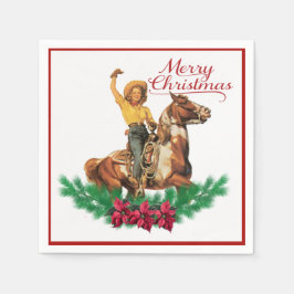 Vintages Cowgirl On Horse Frohe Weihnachten Napkin Serviette