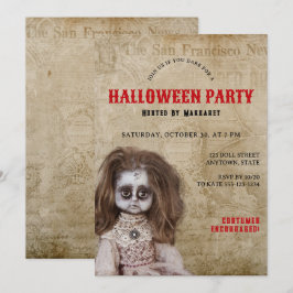 Vintages Creepy-Doll Halloween-Kostüm-Party Einladung