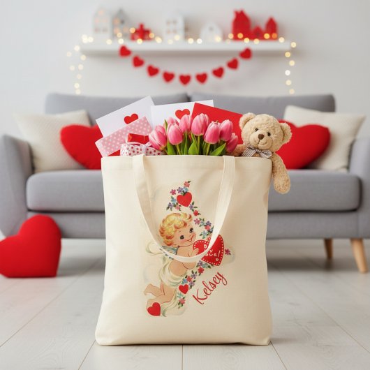 Vintages Cupid mit Individuelle Name Valentine Tragetasche