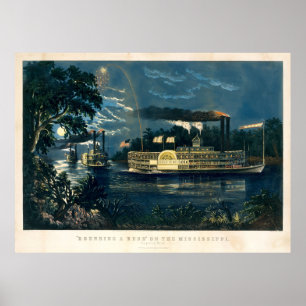 Vintages Currier & Ives Dampfboote im Mondlicht Poster