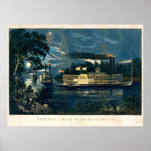 Vintages Currier & Ives Dampfboote im Mondlicht Poster