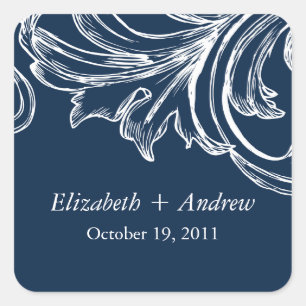 Vintages Damasblatt Hochzeitsticker Navy Blue Quadratischer Aufkleber