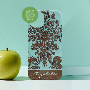 Vintages Damask Muster mit Name - aquamarin grau iPhone 16 Hülle