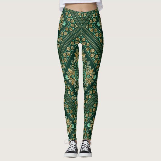Vintages Damask Muster - Smaragdgrün und Gold Leggings (Vorderseite)