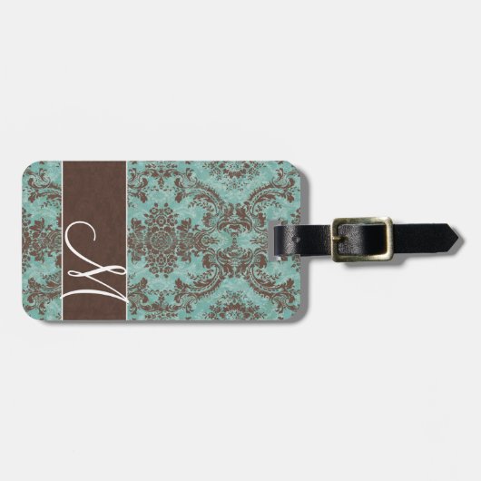 Vintages Damaskusmuster mit Monogramm Gepäckanhänger (Vorderseite horizontal)