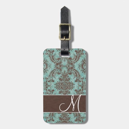 Vintages Damaskusmuster mit Monogramm Gepäckanhänger (Vorderseite vertikal)