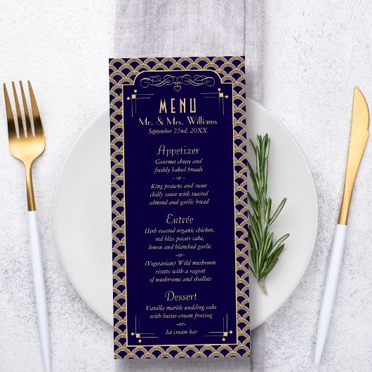 Vintages Déco-Gatsby-Hochzeitsmenü der 20er Jahre Werbekarte